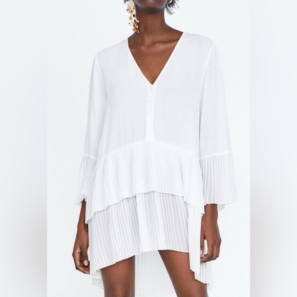 New Zara Elegant White Pleated Blouse/Dress - Picture 3 of 6
